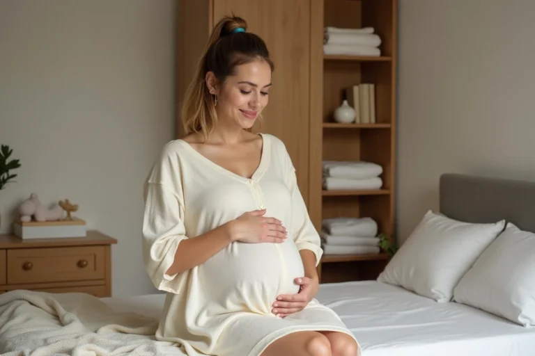 Femme enceinte à terme assise sur le bord d'un lit, les mains sur le ventre, en attente des premiers signes de l'accouchement
