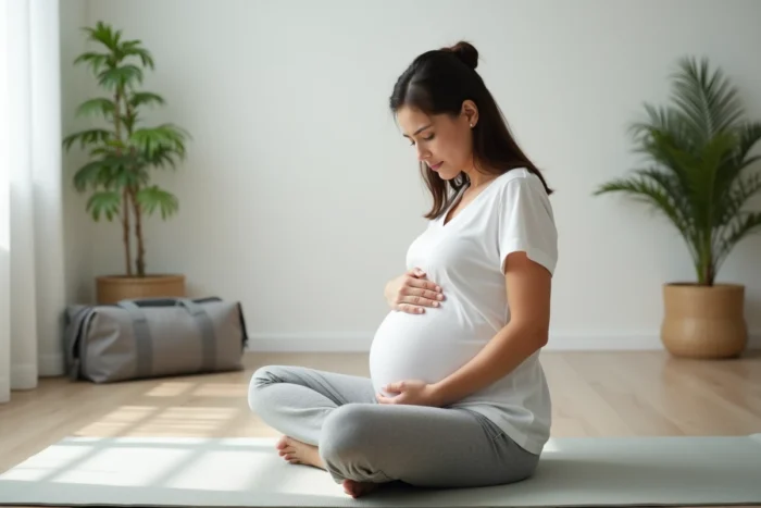 Femme enceinte sur un tapis de yoga dans un salon minimaliste, main dans le dos, sac de maternité prêt en arrière-plan