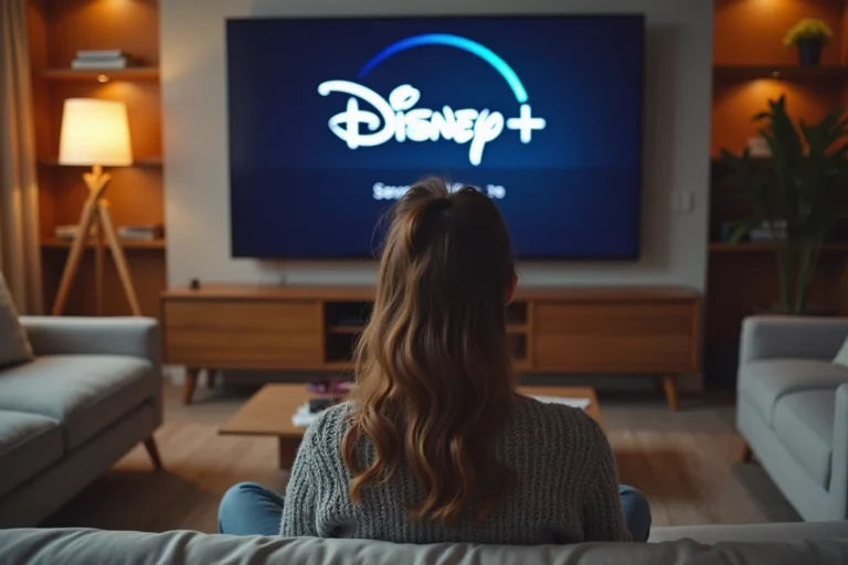 Femme frustrée devant un message d'erreur sur Disney Plus affiché sur une télévision connectée dans un salon moderne