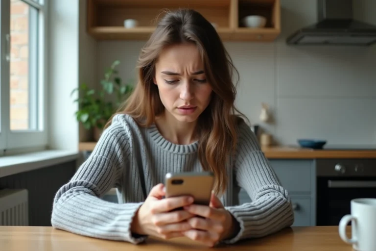 Jeune femme frustrée regardant son smartphone avec une erreur de réseau sur Messenger