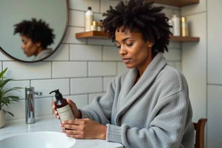 Femme examinant attentivement un produit capillaire dans une salle de bain, illustrant les précautions d'utilisation du capillar