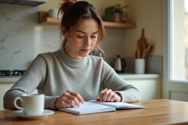Femme examinant un chéquier avec une ancienne adresse à la maison