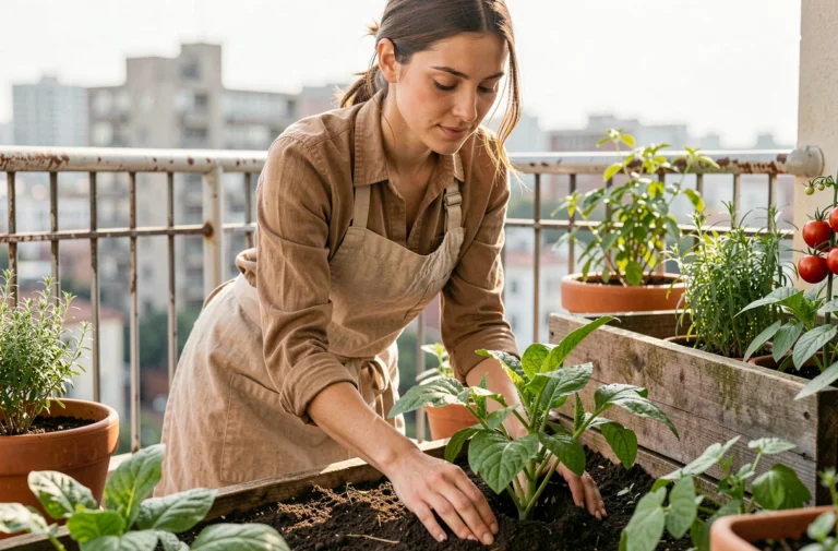 Femme cultivant un potager urbain sur son balcon, adoptant un mode de vie écologique et durable au quotidien