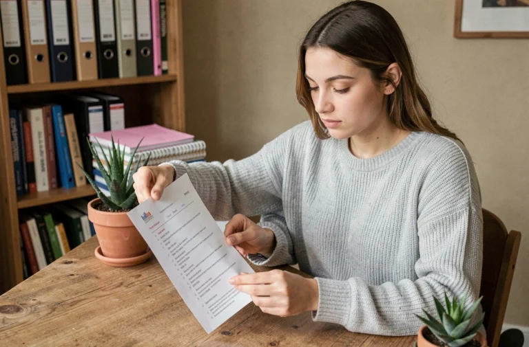 Jeune femme consultant une liste de ressources et de pages utiles pour sa formation à son bureau
