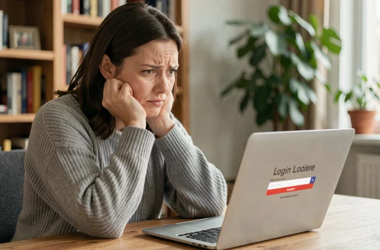 Femme frustrée devant son ordinateur portable avec un écran de connexion affichant une erreur de mot de passe