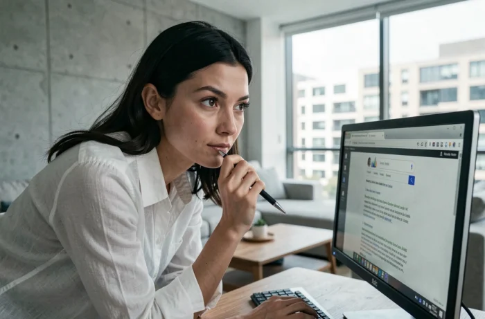 Femme consultant un navigateur web sur un écran d'ordinateur de bureau pour trouver un site de téléchargement