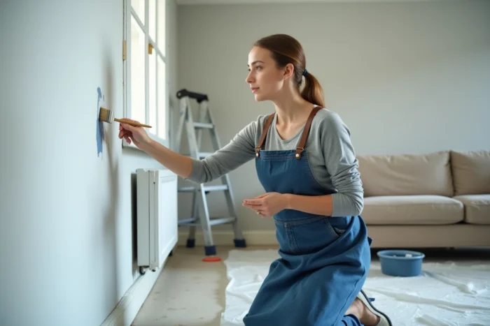 Femme appliquant de la peinture blanche sur une plinthe avec un pinceau lors d'une rénovation de salon