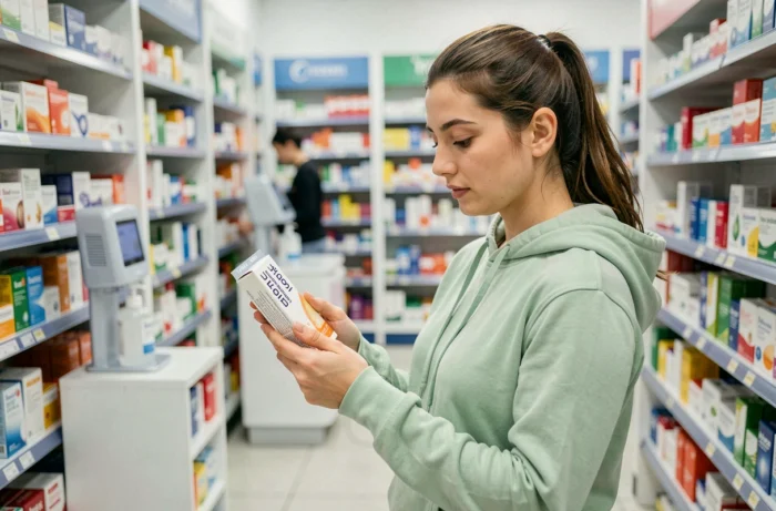 Jeune femme lisant attentivement la notice d'un médicament dans une pharmacie pour prévenir les maladies courantes
