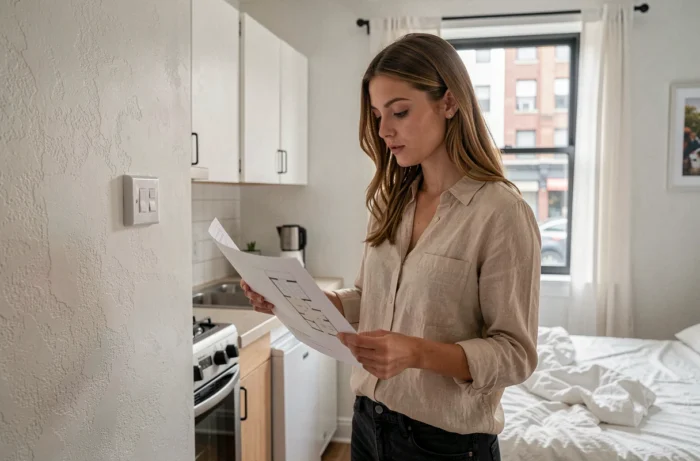 Jeune femme examinant le plan d'un appartement T1 compact avec kitchenette intégrée