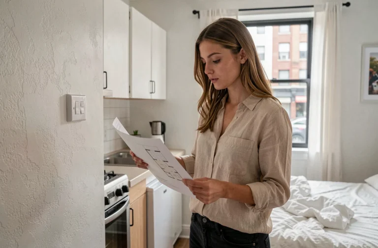 Jeune femme examinant le plan d'un appartement T1 compact avec kitchenette intégrée