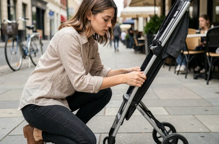 Jeune femme pliant une poussette canne légère sur un trottoir urbain, démonstration du mécanisme de pliage