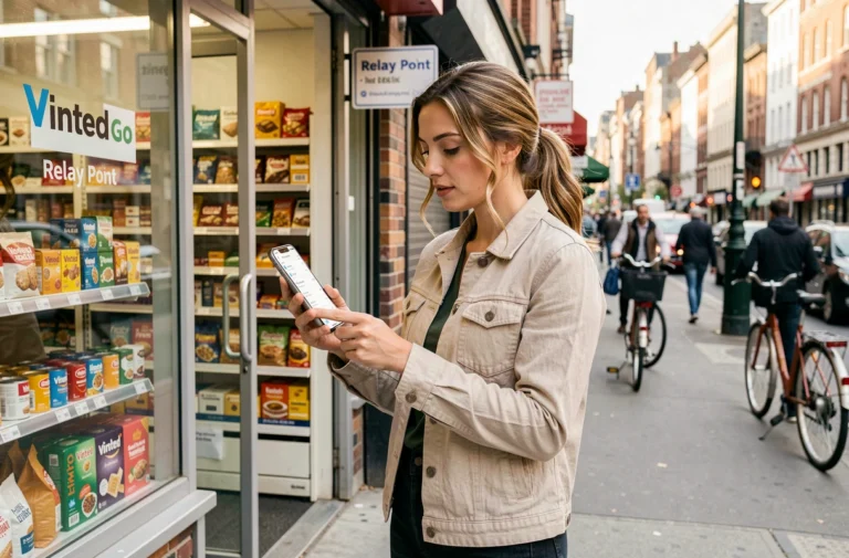 Femme consultant son smartphone devant un point relais Vinted Go en ville pour choisir son transporteur