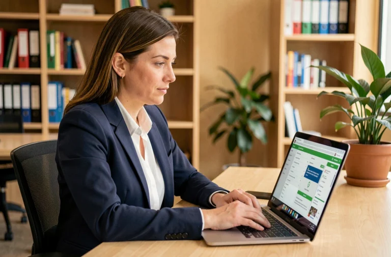 Femme professionnelle utilisant l'intranet de l'académie d'Amiens sur un ordinateur portable dans un bureau moderne