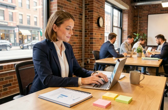 Femme professionnelle consultant des ressources en ligne pour développer son entreprise sur un ordinateur portable dans un espace de coworking moderne