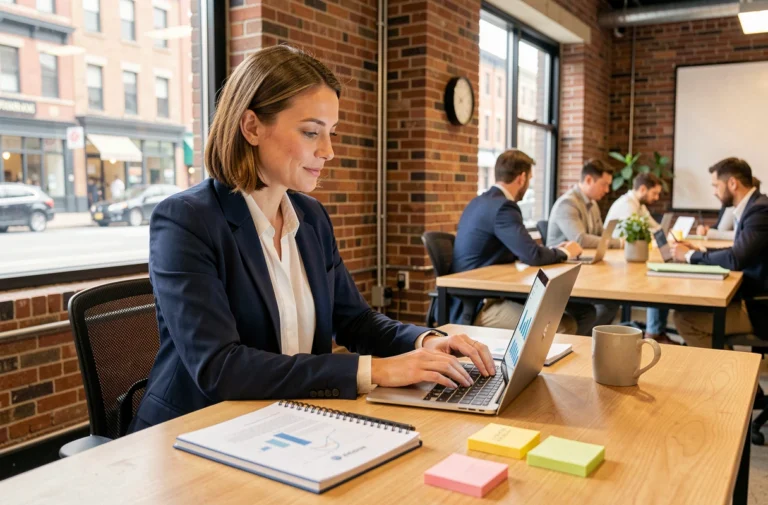 Femme professionnelle consultant des ressources en ligne pour développer son entreprise sur un ordinateur portable dans un espace de coworking moderne