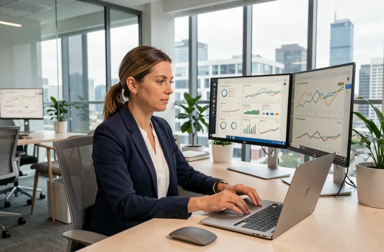 Femme professionnelle analysant des tableaux de bord numériques et des tendances en intelligence artificielle sur des écrans ultralarges dans un bureau moderne en 2024
