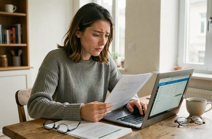 Femme consultant un simulateur de crédit à la consommation sur son ordinateur portable à la maison