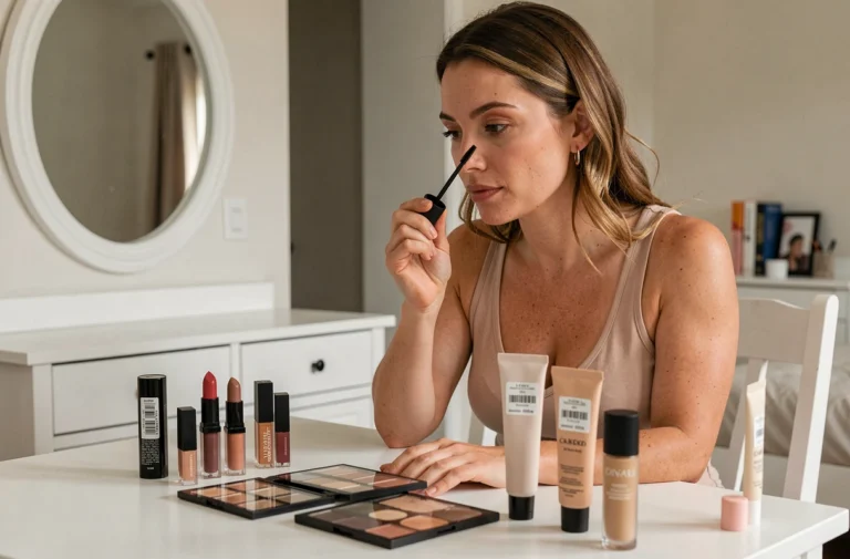 Femme testant du maquillage pas cher devant une coiffeuse avec des produits de beauté abordables étalés sur la surface