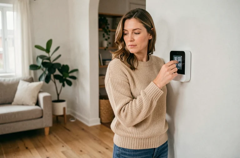 Femme réglant un thermostat connecté pour réduire sa facture de chauffage dans un salon moderne