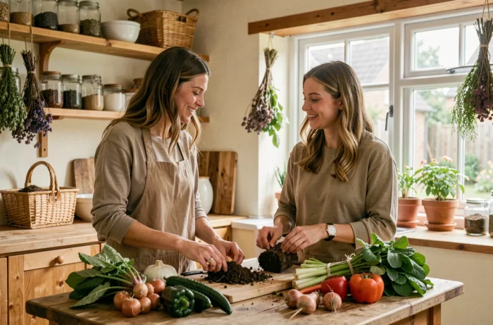 Deux femmes dans une cuisine naturelle triant des légumes et du compost, incarnant un mode de vie zéro déchet et respectueux de l'environnement