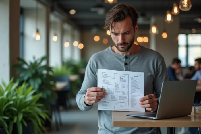 Entrepreneur masculin debout dans un espace de coworking, comparant une carte mentale imprimée à des données sur un laptop pour filtrer des conseils business adaptés à sa niche