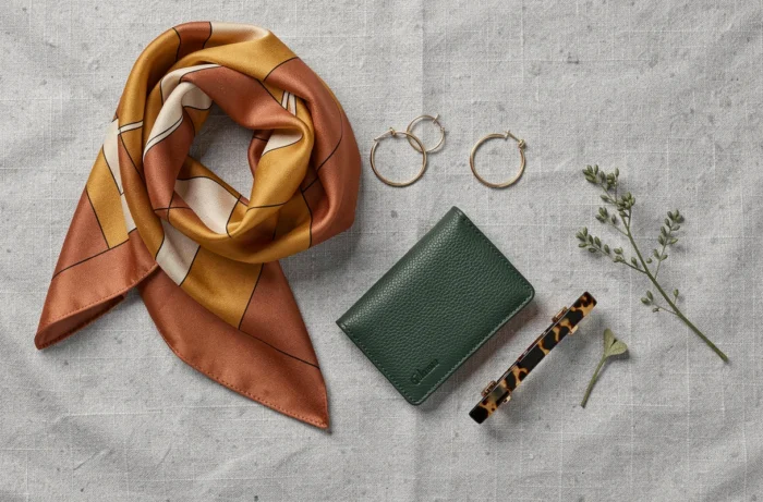 Flat lay d'accessoires de mode tendance sur fond de lin gris, incluant foulard en soie, boucles d'oreilles dorées et porte-cartes en cuir