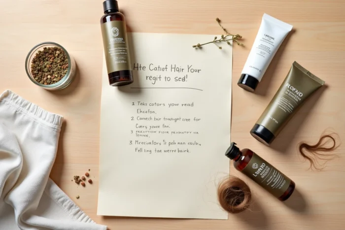 Flat lay de produits capillaires avec notes de précautions et herbes naturelles, illustrant les conseils d'utilisation du capillar