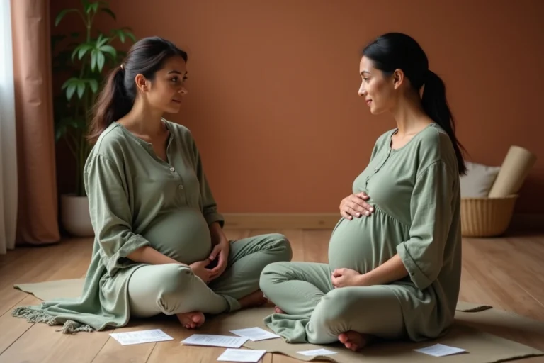 Femme doula en formation assise avec une femme enceinte lors d'une session d'accompagnement dans un studio de bien-être