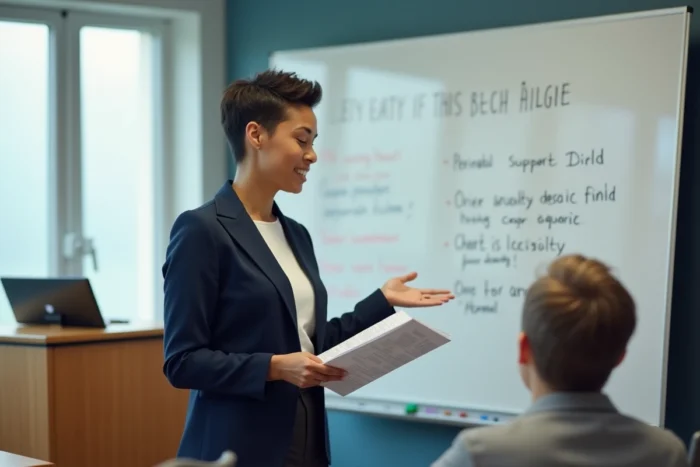 Formatrice doula présentant un cours sur le soutien périnatal devant un tableau dans une salle de formation professionnelle