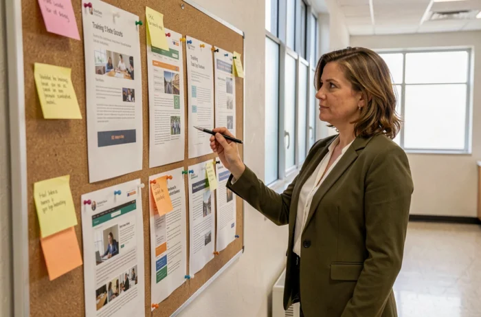 Formatrice organisant des pages et ressources pédagogiques sur un tableau d'affichage dans un centre de formation