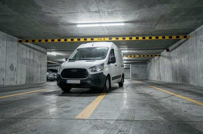 Fourgon H2 circulant dans un parking souterrain avec une barre de hauteur limitée en arrière-plan, illustrant l'avantage du profil bas