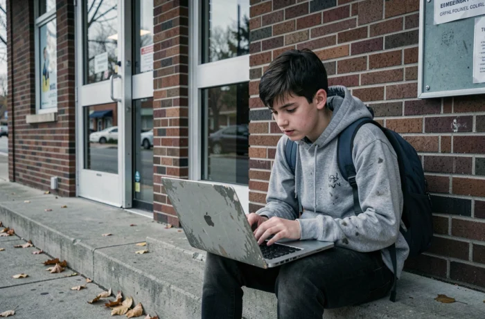 Un adolescent utilisant le Wi-Fi public devant une bibliothèque fermée pour faire ses devoirs, symbole des inégalités d'accès au numérique