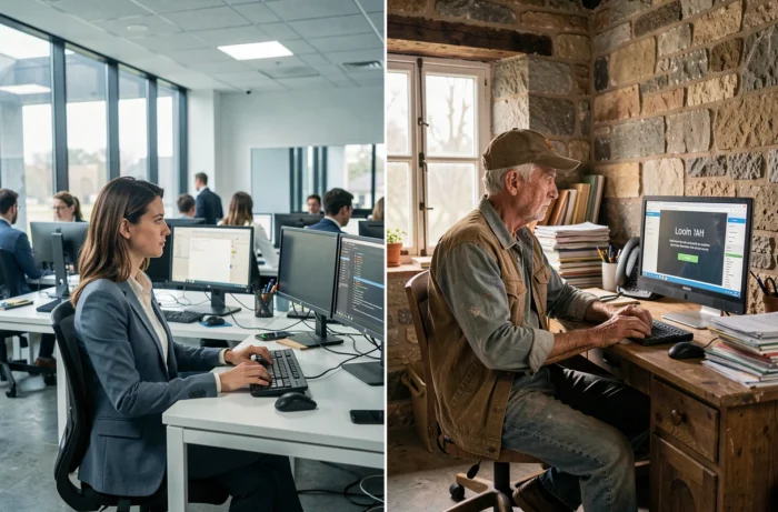 Diptyque photographique illustrant le contraste entre un bureau connecté en ville et un foyer rural mal desservi par Internet, symbolisant la fracture numérique