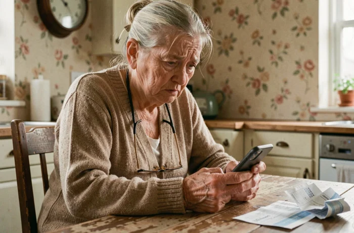 Une femme âgée en difficulté avec un smartphone dans une cuisine modeste, illustrant la fracture numérique générationnelle