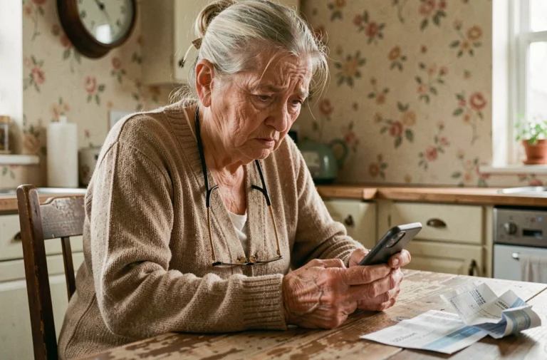 Une femme âgée en difficulté avec un smartphone dans une cuisine modeste, illustrant la fracture numérique générationnelle
