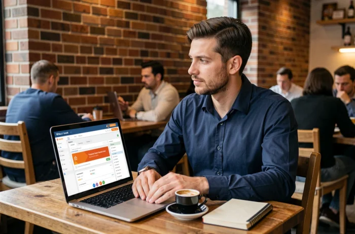Homme travaillant sur son ordinateur portable dans un café pour gérer son accès internet temporaire Free