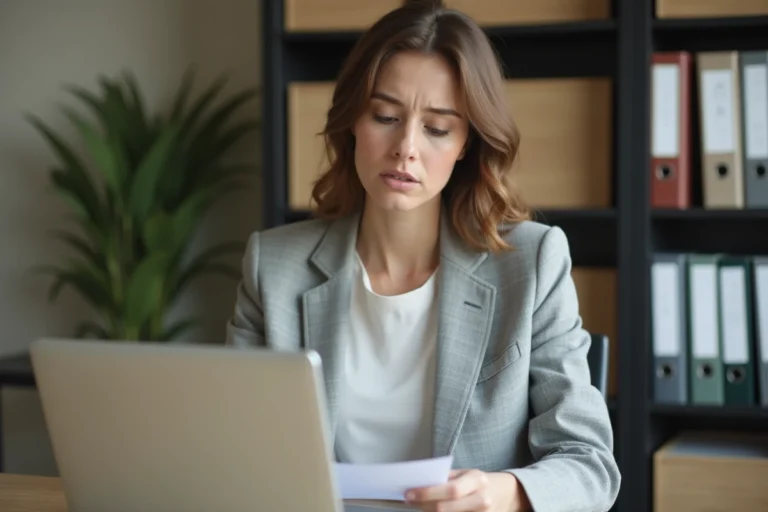 Femme consultant son compte PeopleDoc sur un ordinateur portable dans un bureau à domicile après la fin de son contrat de travail