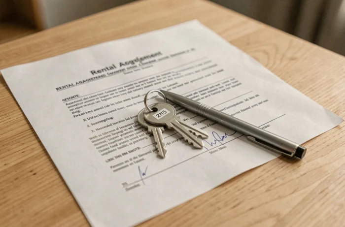 Gros plan sur un contrat de bail de box de stockage avec des clés et un stylo posés sur le document