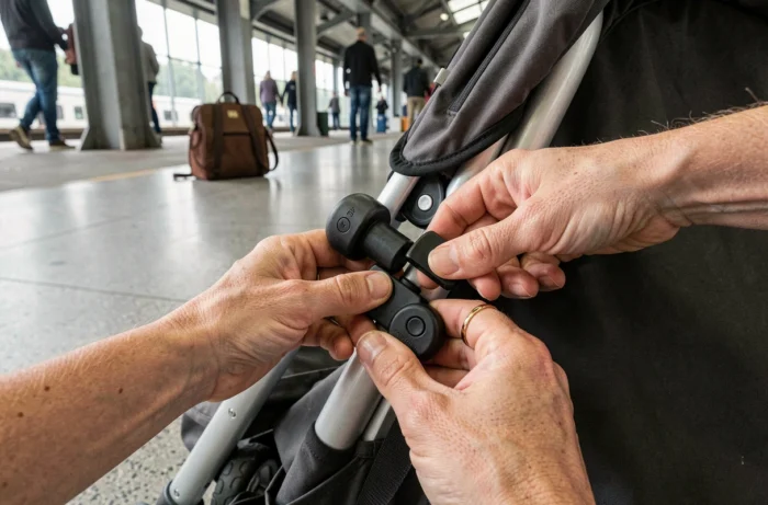 Gros plan sur les mains actionnant le mécanisme de verrouillage d'une poussette canne pliée dans une gare