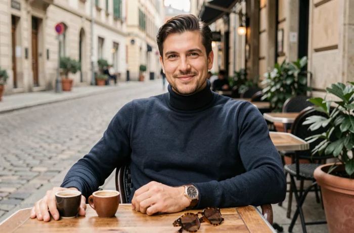 Homme stylé portant une montre en cuir et des lunettes de soleil en acétate à la terrasse d'un café