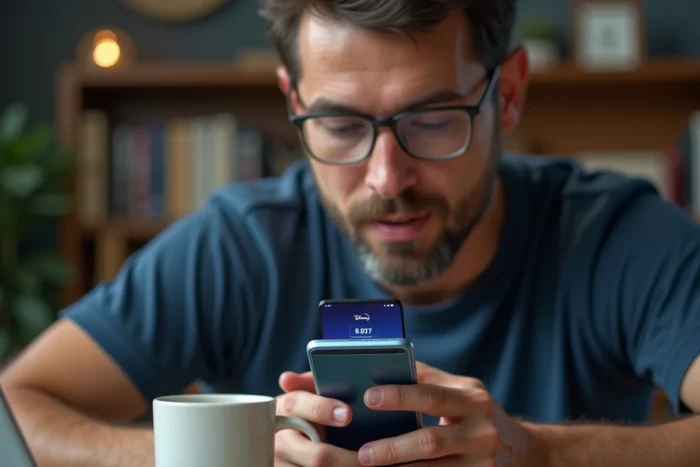 Homme consultant l'application Disney Plus sur smartphone avec une icône de chargement indiquant un problème de connexion