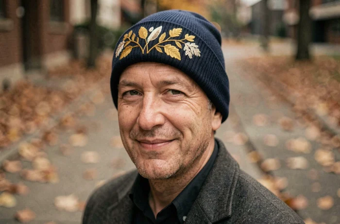 Homme portant un bonnet bleu marine personnalisé avec broderie botanique faite main en milieu urbain automnal