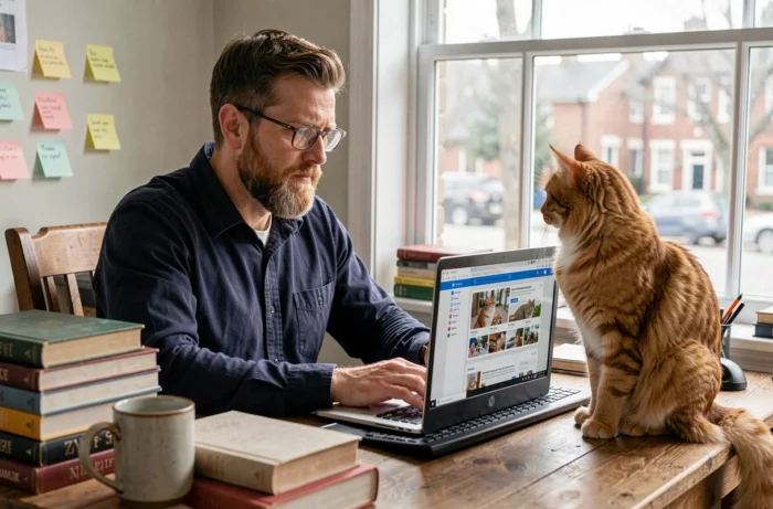 Homme passionné de chats consultant une plateforme communautaire féline sur ordinateur portable avec son chat Maine Coon à ses côtés