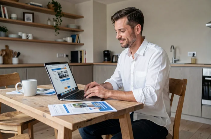Homme consultant une plateforme d'assurance en ligne sur son ordinateur portable depuis son domicile