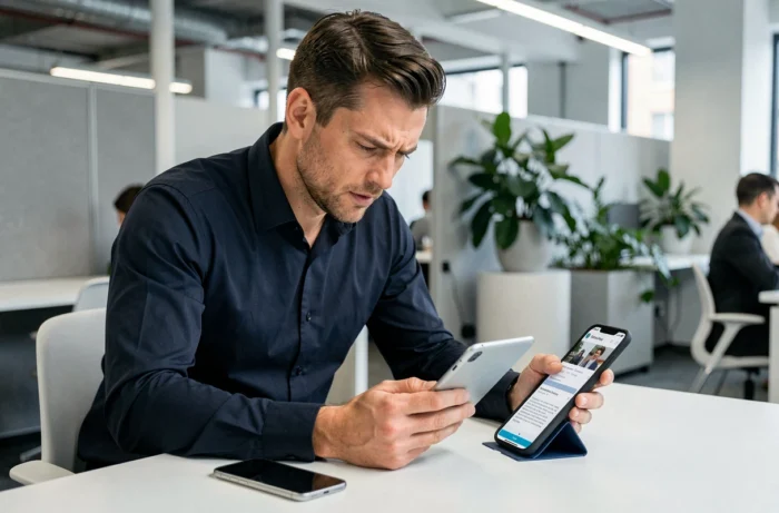 Homme comparant des avis consommateurs sur tablette et smartphone dans un espace de coworking
