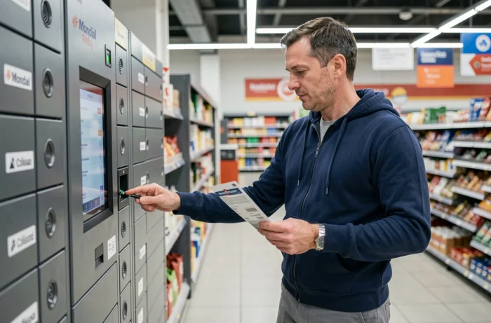 Homme utilisant une consigne automatique de point relais en supermarché pour retirer un colis Vinted