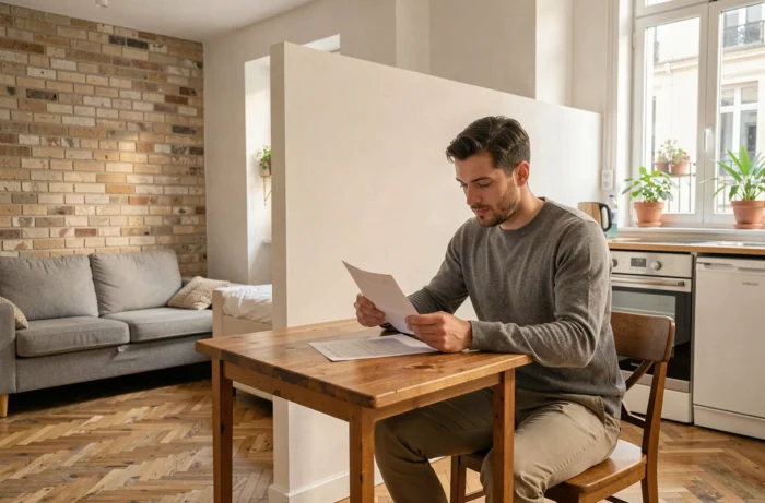 Homme consultant un contrat de location dans un appartement T1 bis avec alcôve séparée