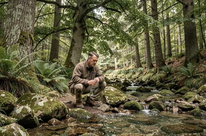 Homme en forêt collectant de l'eau dans une gourde réutilisable, illustrant le contact avec la nature et l'écologie responsable