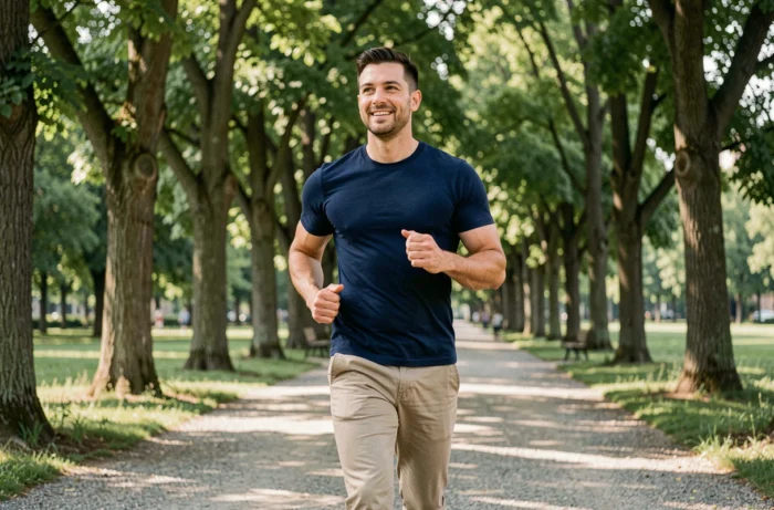 Homme faisant du jogging dans un parc urbain verdoyant pour prendre soin de sa santé