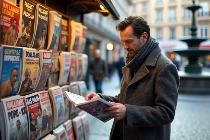 Homme parcourant des magazines et journaux français à un kiosque à journaux dans une place animée de Lyon